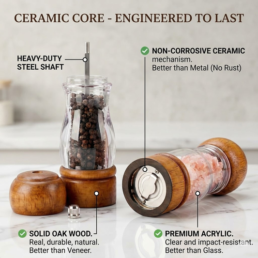 Zylotixcosh Oak Wood Pepper Grinder with Visible Window and Storage Tray - Manual Spice Mill with Adjustable Coarseness Ceramic Rotor, Professional Kitchen & Table Seasoning Tool