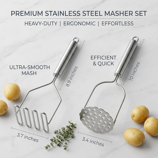 Zylotixcosh Set of 2 Stainless Steel Potato Mashers - Professional Grade Food Smasher & Kitchen Mashing Tool