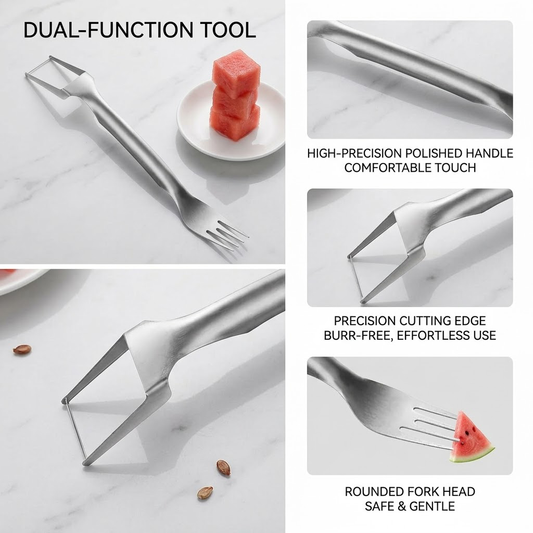 Zylotixcosh Stainless Steel 2-in-1 Fruit Slicer & Fork - Portable Watermelon Cutter, Dual-Head Kitchen Gadget for Summer Fruit Salads