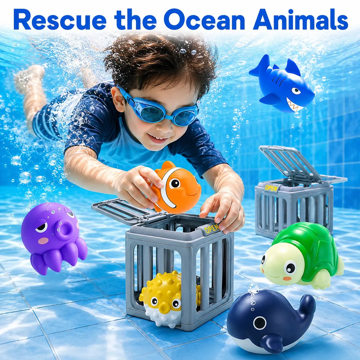 Ocean Rescue Set 💦 👑 Ocean Animal Pool Diving Toy Set - Toss, Dive, Press & Rescue