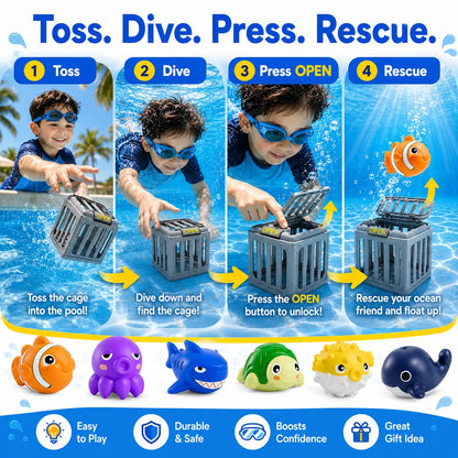 Ocean Rescue Set 💦 👑 Ocean Animal Pool Diving Toy Set - Toss, Dive, Press & Rescue