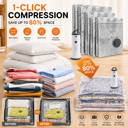 💞⚡50K+ SOLD!👵🧳  Cordless Vacuum Storage Set, 140L/min pump. Shrinks clothes, saves space. Waterproof & reusable. Holiday essential. 🎒