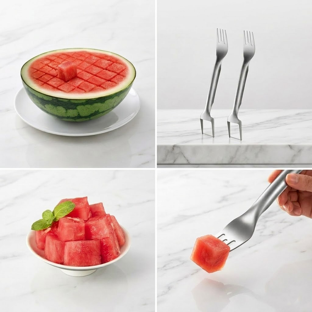 Beddys® Stainless Steel 2-in-1 Fruit Slicer & Fork - Portable Watermelon Cutter, Dual-Head Kitchen Gadget for Summer Fruit Salads