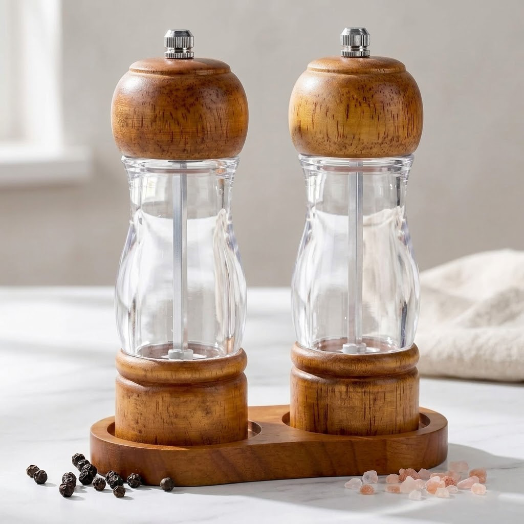 Zylotixcosh Oak Wood Pepper Grinder with Visible Window and Storage Tray - Manual Spice Mill with Adjustable Coarseness Ceramic Rotor, Professional Kitchen & Table Seasoning Tool