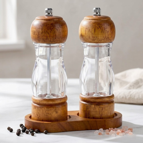 Beddys® Oak Wood Pepper Grinder with Visible Window and Storage Tray - Manual Spice Mill with Adjustable Coarseness Ceramic Rotor, Professional Kitchen & Table Seasoning Tool