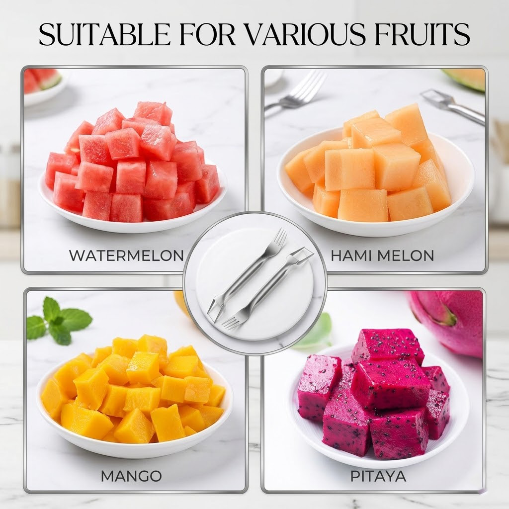 Beddys® Stainless Steel 2-in-1 Fruit Slicer & Fork - Portable Watermelon Cutter, Dual-Head Kitchen Gadget for Summer Fruit Salads