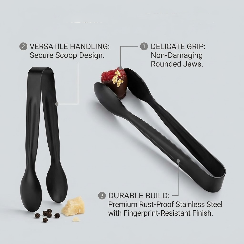 Beddys® Premium Matte Black Mini Tongs - Versatile Stainless Steel Serving Tool for Coffee, Sweets & Appetizers