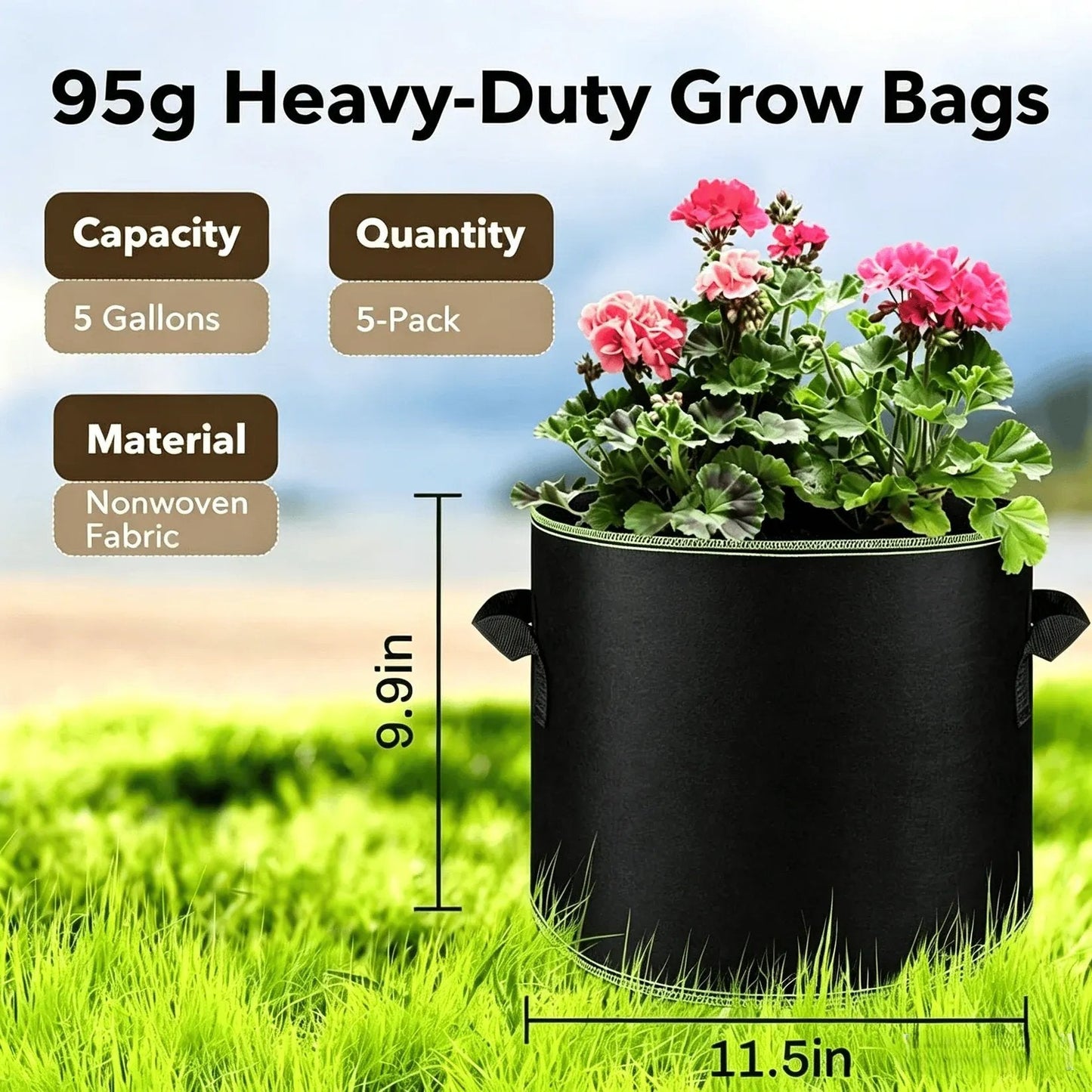 🔥LAST DAY 50% OFF 5-Pack 5 Gallon Grow Bags – Heavy Duty Aeration Fabric Pots with Handles for Vegetables, Flowers & Fruits 🪴
