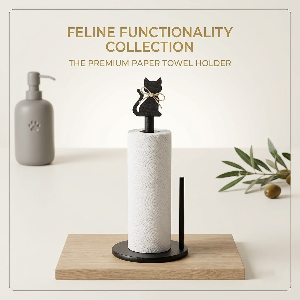 Beddys® | Artisanal Cat Wooden Paper Towel Holder with Rotating Base - Handcrafted Decorative Kitchen Roll Dispenser