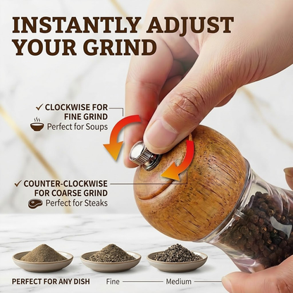 Zylotixcosh Oak Wood Pepper Grinder with Visible Window and Storage Tray - Manual Spice Mill with Adjustable Coarseness Ceramic Rotor, Professional Kitchen & Table Seasoning Tool