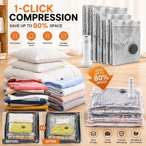 💞⚡50K+ SOLD!👵🧳  Cordless Vacuum Storage Set, 140L/min pump. Shrinks clothes, saves space. Waterproof & reusable. Holiday essential. 🎒