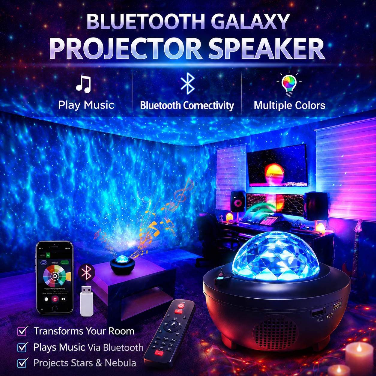 🌈2026 HOT SALE🥳💥LAST DAY 50% OFF! Bluetooth Music Rotating Star Projector Night Light